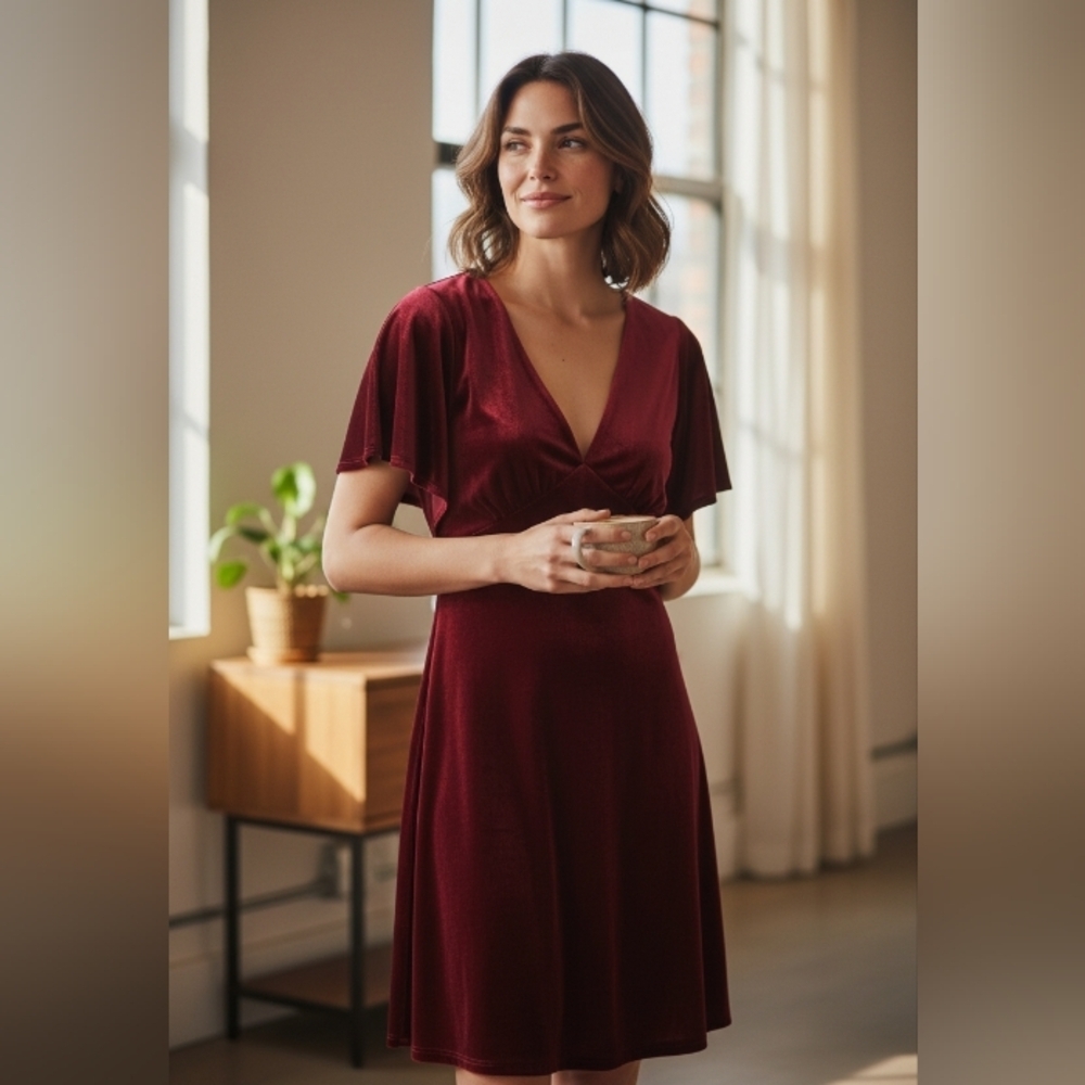 Taylor Wine Burgundy Velvet Flutter Sleeve V-Neck Evening Cocktail Dress Sz 2